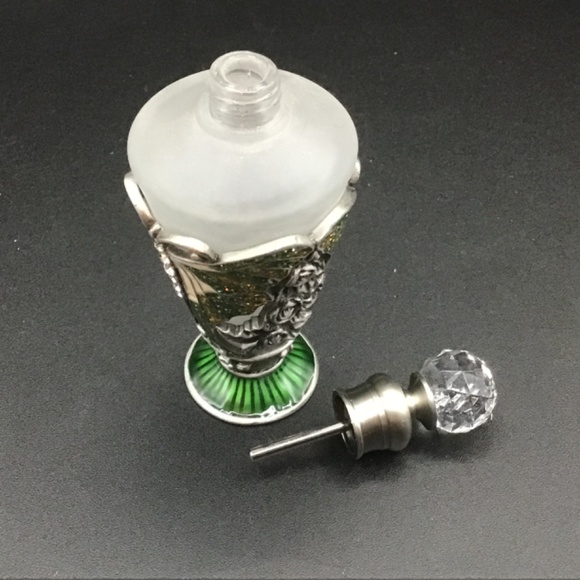 Perfume Bottle Retro Frosted Butterflies enamelled Lid jewelled Perfume Bottle - Picture 4 of 6